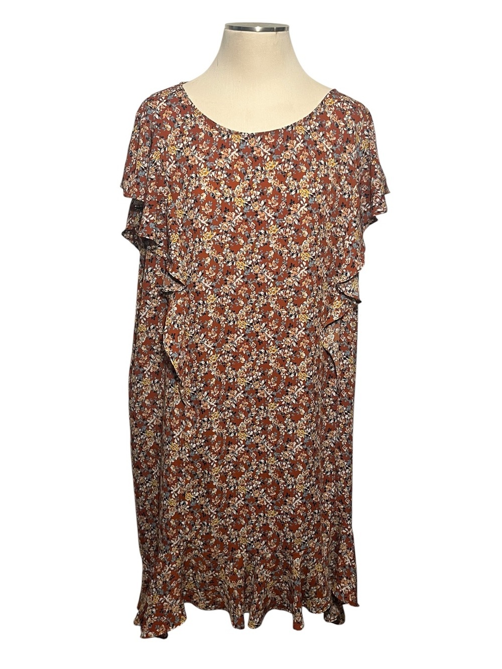 Max Studio Rust Floral Ruffle Shift Dress